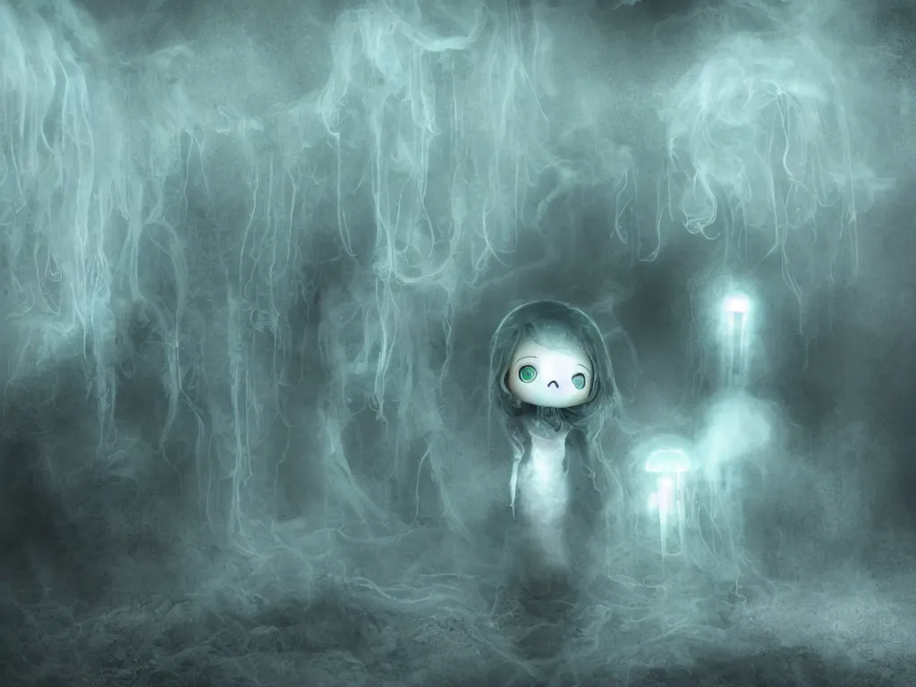 Image similar to cute fumo plush smiling ghost girl lingering in a mysterious concrete organic ruin, ectoplasmic jellyfish, technicolor horror, chibi gothic maiden in tattered rags, glowing wisps of hazy green smoke and eerie blue volumetric fog swirling about, moonlight, glowing lens flare, vray