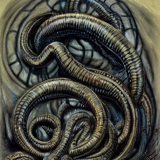 Image similar to portrait by giger of vladimir putin who became an giant lovecraftian worm, photo - realistic, color image, 2 k, highly detailed