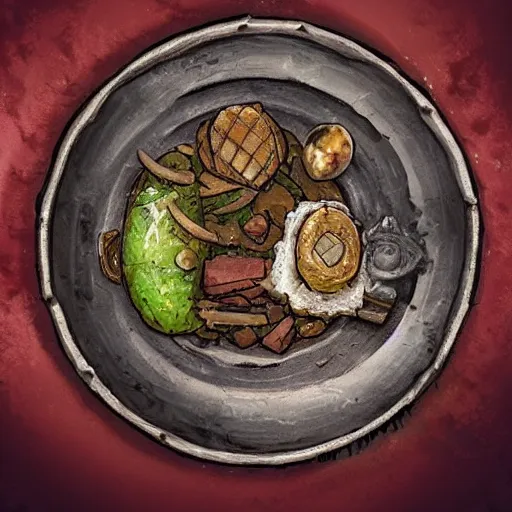 Prompt: a plate of unusual dwarven cuisine, rpg item, fantasy concept art