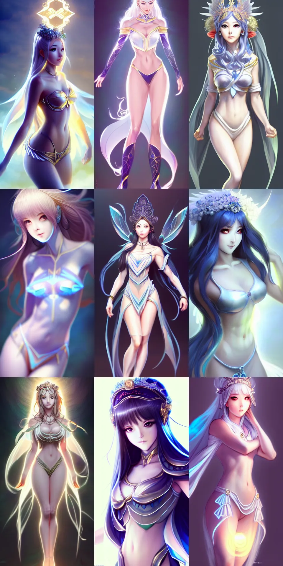 Prompt: full - body character costume concept design of a goddess of light and shadow | | realistic anime, cute - fine - face, pretty face, realistic shaded perfect face, fine details by artgerm, wlop, rossdraws, james jean, andrei riabovitchev, bangkuart, and sakimichan, seoul, south korea, trending on artstation