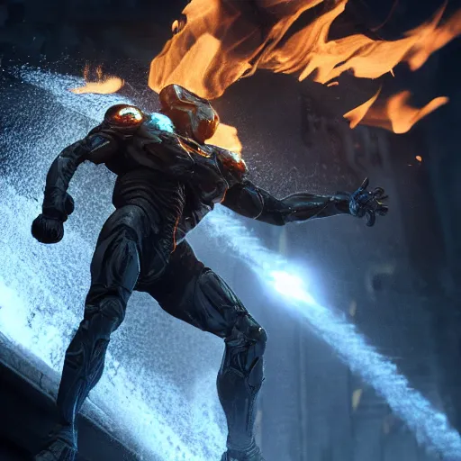 Image similar to prometheus midair with the stolen fire in one hand the other hand streched to prevent a collission. concept art octane render hyperrealistic unreal engine