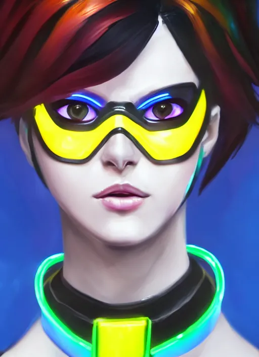 Prompt: overwatch style oil painting portrait of tracer overwatch, confident pose, wearing black iridescent rainbow latex, rainbow, neon, 4 k, expressive surprised expression, makeup, wearing black choker, wearing sleek armor, studio lighting, black leather harness, expressive detailed face and eyes,