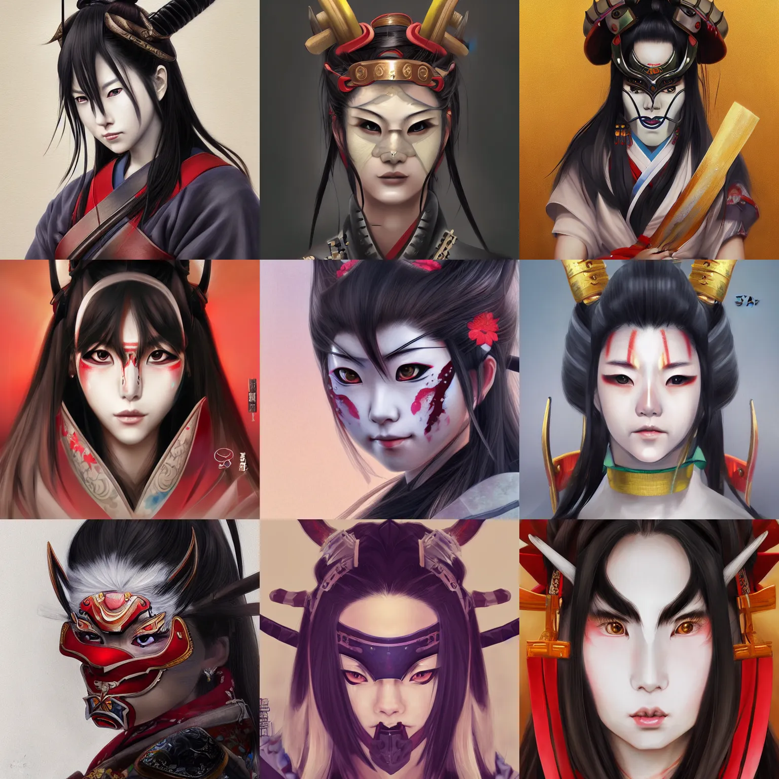 Image similar to A realistic anime portrait of a samurai woman, wearing an Oni mask on face, wearing samurai armor, digital painting, by Stanley Artgerm Lau, WLOP, and Rossdraws, digtial painting, trending on ArtStation, deviantart