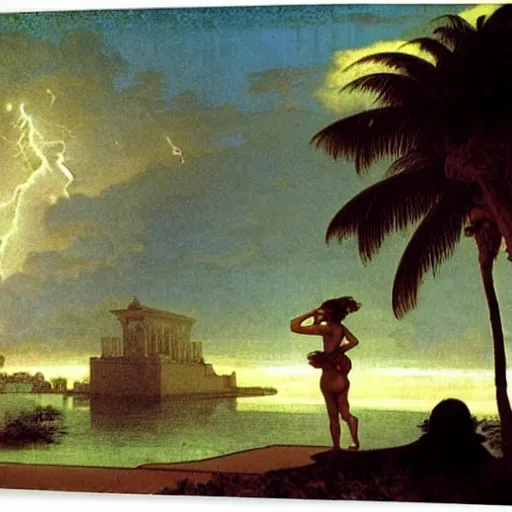 Image similar to Silhouette of two girls at the palace, thunderstorm, greek pool, beach and palm trees on the background major arcana sky, by paul delaroche, alphonse mucha and arnold böcklin arnold böcklin hyperrealistic 8k, very detailed