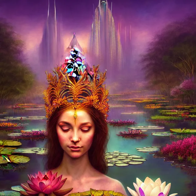 Image similar to Beautiful 3d render of the flower queen goddess near a pond full of lotus, atmospheric lighting, painted, intricate, volumetric lighting, beautiful, rich deep colours masterpiece, sharp focus, ultra detailed, in the art style of Dan Mumford and marc simonetti, with a clear crowded futuristic cyberpunk dubai city in the background, astrophotography