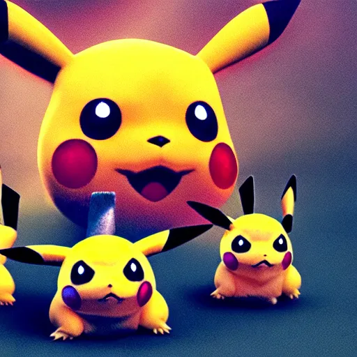 Prompt: three - headed pikachu, realistic, pokemon, hyper realistic, lightning bolts, cinematic lighting