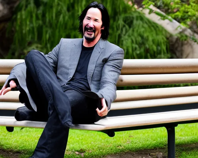 Prompt: photo of happy keanu reeves sitting on a bench in a park. lifelike. ultra detailed. intricate. soft light. nikon d 8 5 0.