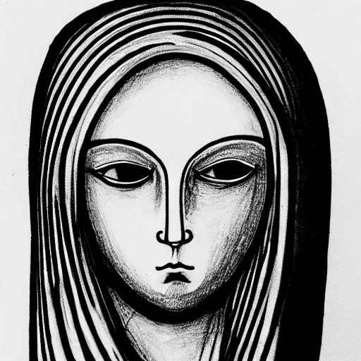 Image similar to an ink drawing of da vinci style white tragedy mask, intimidating glare