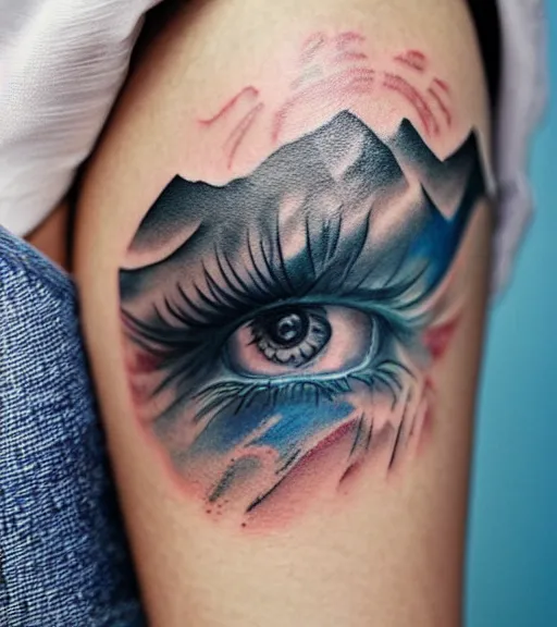 Prompt: tattoo design sketch of a beautiful blue - eyed woman face with a faded background of beautiful mountains and nature on her side, hyper - realistic, in the style of den yakovlev, amazing detail, black and white