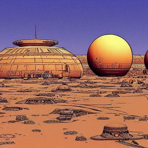 Image similar to Star Wars Tatooine city in the style of Jean Giraud, Moebius