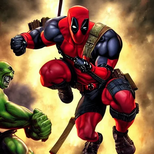 Image similar to a portrait of deadpool fighting the hulk, extremely detailed digital art by mark brooks