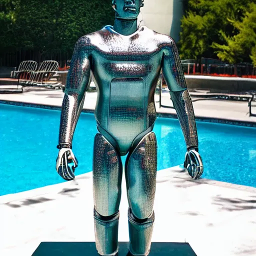 Image similar to a realistic detailed photo of a guy who is an attractive humanoid who is half robot and half humanoid, who is a male android, wrestler jack swagger, shiny skin, posing like a statue, blank stare, by the pool, on display, showing off his muscles, humanoid robot, frozen ice statue