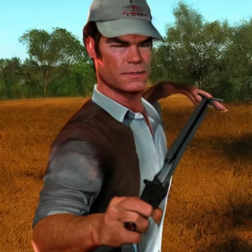 Prompt: dexter Morgan dressed as Indiana Jones throwing knives, realism