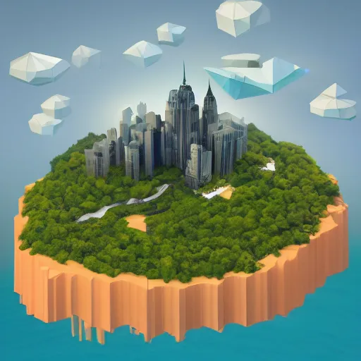 Image similar to new york as an island floating in the sky, low poly, isometric art, 3d art, waterfall, high detail, artstation, concept art, behance, ray tracing, smooth, sharp focus, ethereal lighting