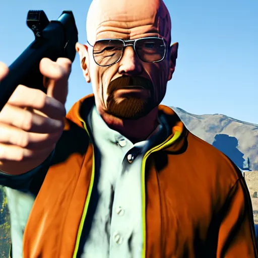 Prompt: walter white pointing a gun in GTA 5 loading screen, art station, trending, editor’s pickup, cinematic lighting, 4k,