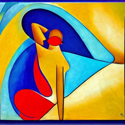 Prompt: woman dances by a river to the rhythm of the water and the wind, abstract art in the style of cubism and Georgia o keefe,