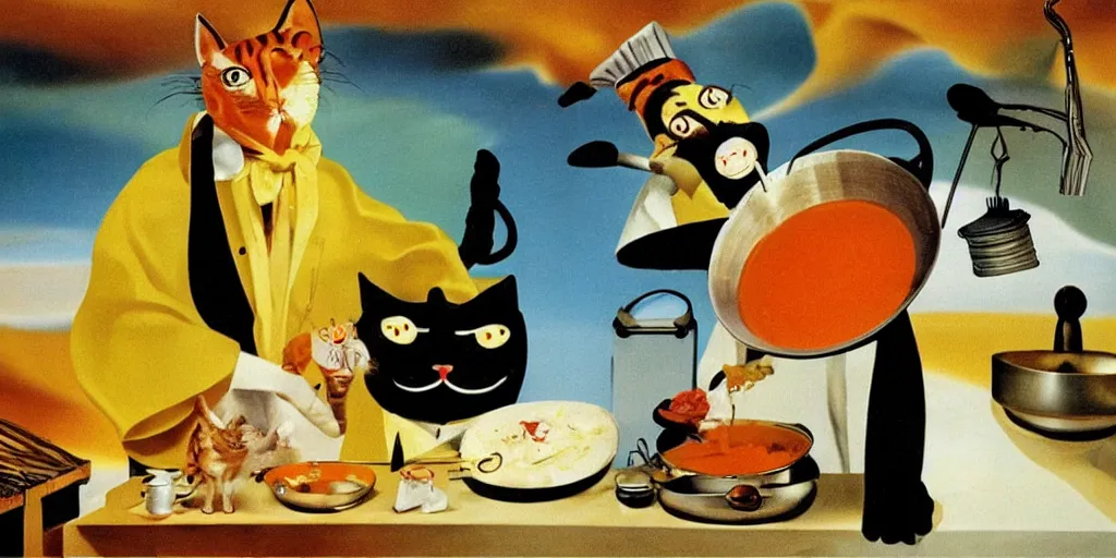 Image similar to anthropomorphic cats chef cooking a delicious colorful soup on TV show, by Salvador Dali