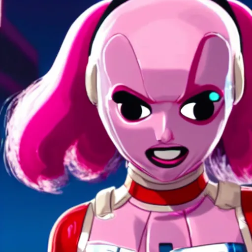 Image similar to A still of Gwenpool in Deadpool 3 (2023), blonde hair with pink highlights, no mask, white and light-pink outfit, smiling and winking at the camera, comics accurate design