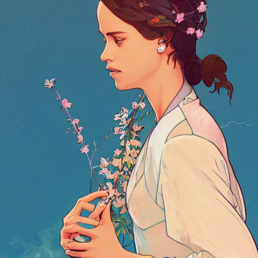 Image similar to the irresistable nonbinary Alicia Vikander, highly detailed, artstation, digital illustration, concept art, by Kyoto Animation and Studio Ghibli, by Ilya Kuvshinov and Alphonse Mucha