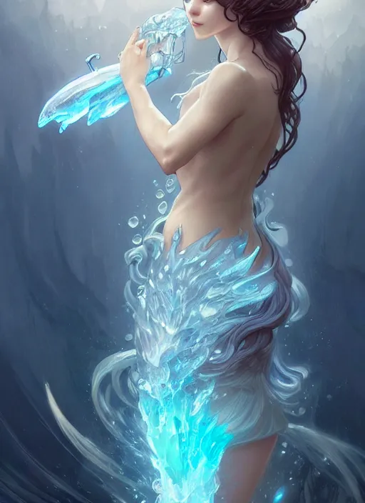 Image similar to summoner with a cute water elemental, fantasy, intricate, elegant, highly detailed, digital painting, artstation, concept art, wallpaper, smooth, sharp focus, illustration, art by artgerm and greg rutkowski and alphonse mucha