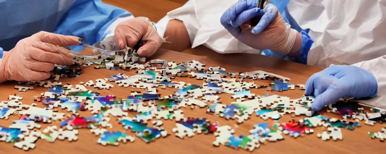 Prompt: a surgeon performing an operation on a jigsaw puzzle on a table