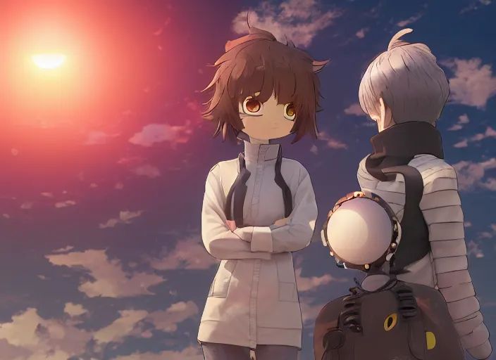 Image similar to total solar eclipse, soft lens, soft light, cel - shading, animation, in the style of cgsociety, deviantart, artstation, zbrush, cinema 4 d, studio ghibli, akihiko yoshida, atelier lulua, masamune shirow