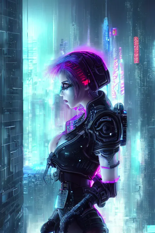 Image similar to portrait futuristic evilly cyberpunk young female Death Knight, in futuristic heavily snowy tokyo rooftop cyberpunk night, ssci-fi, fantasy, intricate, very very beautiful, elegant, neon light, highly detailed, digital painting, artstation, concept art, soft light, hdri, smooth, sharp focus, illustration, art by tian zi and craig mullins and WLOP and alphonse mucha