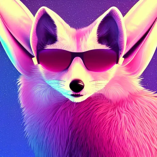 Prompt: fennec fox, pink and blue mohawk hairstyle, furry, aviator sunglasses, synthwave style, artstation, detailed, award winning, dramatic lighting, miami vice,