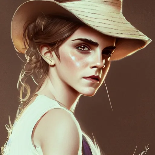 Image similar to sensual emma watson wearing a hat and a dress, looking seductive, cowgirl, hyperrealistic, artgerm, greg rutkowski, artstation, highly detailed