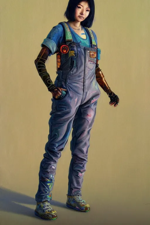 Prompt: a full body illustration of an asian female cyberpunk character wearing dungarees, highly detailed, oil on canvas, soft lighting, neon pastel colors, by Jean Giraud, HD, 4K