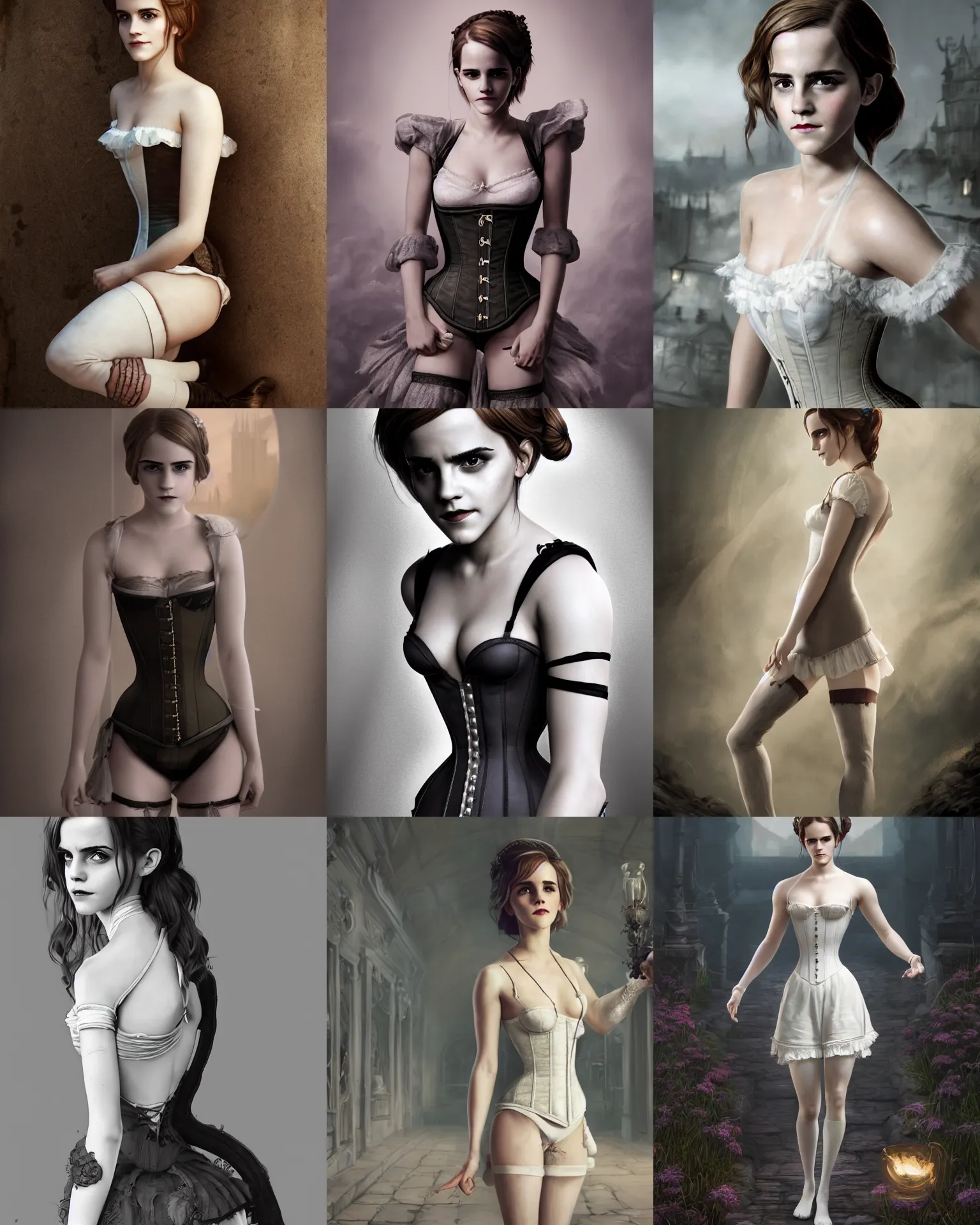 Prompt: full shot portrait painting of very beautiful emma watson standing as white maiden in revealing stockings corset noir streets, character design by mark ryden and pixar and hayao miyazaki, unreal 5, daz, hyperrealistic, octane render, cosplay, rpg portrait, dynamic lighting, intricate detail, cinematic