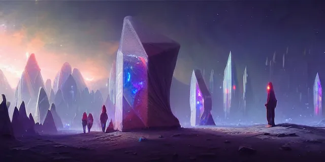 Prompt: a fleet of giant glowing futuristic crystal cubes in the sky, a fantasy magical landscape seen in the distance, atmospheric lighting, intricate, volumetric lighting, beautiful, sharp focus, ultra detailed, in the art style of marc simonetti, bowater charlie and brom gerald, astrophotography