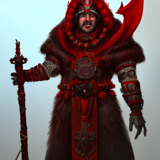 Prompt: full body portrait of a DnD shaman lord, wearing a red crown, red eyes, smiling viciously, holding intricately carved wooden staff, 4k, highly detailed, inspiring digital painting, trending on artstation