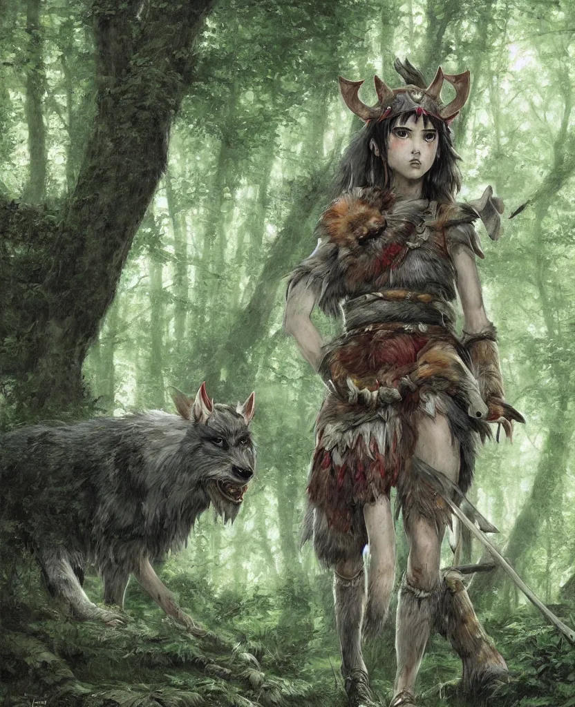 Image similar to portrait of fierce Princess Mononoke, fully clothed in armor, lush forest landscape, painted by james gurney, denoised, sharp, architectural