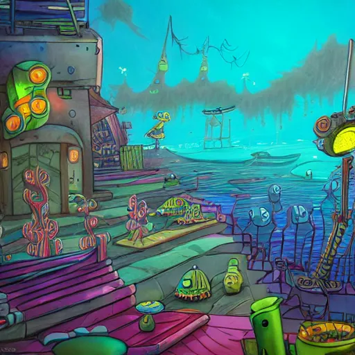 Image similar to bikini bottom drawn by stephen hillenburg, dynamic lighting, fantasy concept art, trending on art station, stunning visuals, creative, cinematic, ultra detailed