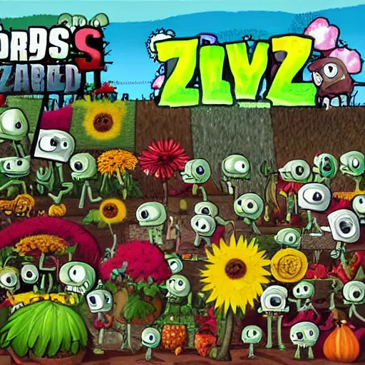 Prompt: landscape painting of love by plants vs zombies