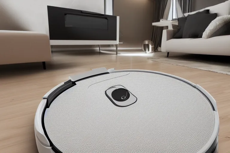 Image similar to a high detailed picture of a robot vacuum cleaner in a living room, 8k, very detailed, photo realistic