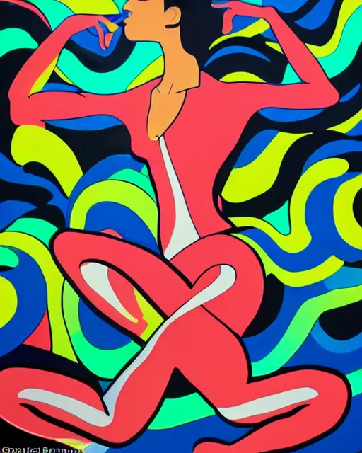 Prompt: beautiful spandex model stretching her body in a difficult pose, flowing lines and curves, 80s Eros, color pop, by Georgia O'Keefe, Alex Yanes and Felipe Pantone, rule of thirds