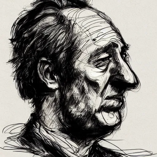 Image similar to a realistic yet scraggly portrait sketch of the side profile of a stern and sophisticated bob odenkirk, trending on artstation, intricate details, in the style of frank auerbach, in the style of sergio aragones, in the style of martin ansin, in the style of david aja, in the style of mattias adolfsson
