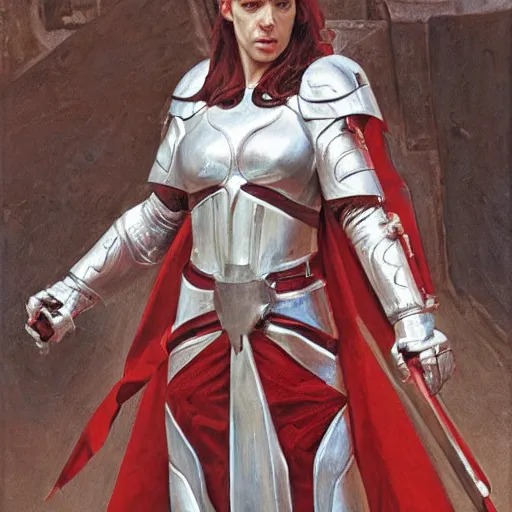 Image similar to portrait of a shocked female templar, in white and red armor, by donato giancola.