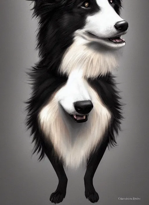 Image similar to wide angle beautiful full body portrait of a strong male anthropomorphic anthro border collie fursona, character design by charlie bowater, henry asencio, and ross tran, furry art, furaffinity, beautiful, glamor pose, detailed, aesthetic, trending on artstation