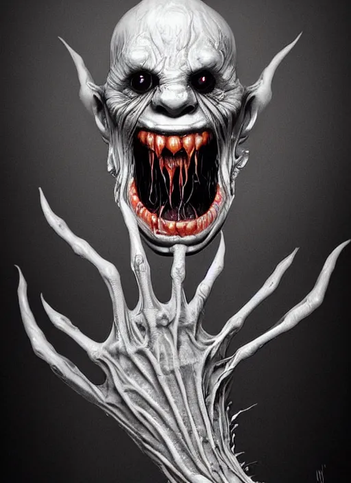 Image similar to creepy pale moster with incredibly long fingers, very long arms, scary smile, translucent slimy skin, wet, veiny, dramatic lighting, highly stylized, trending on artstation