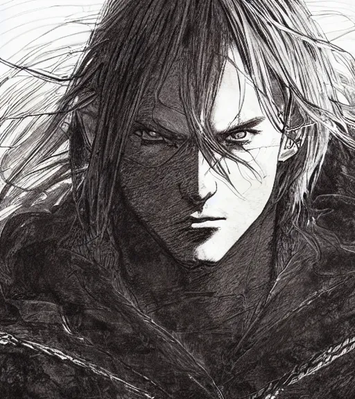 Image similar to portrait of anime giga chad with long hair wearing a dark robe, pen and ink, intricate line drawings, by craig mullins, ruan jia, kentaro miura, greg rutkowski, loundraw