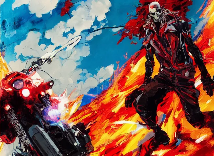 Image similar to anime key visual concept art of marvel ghost rider, riding a red akira motorcycle, by ashley wood, yoji shinkawa, jamie hewlett, 6 0's french movie poster, french impressionism, vivid colors, palette knife and brush strokes, style of kawacy and makoto shinkai and greg rutkowski