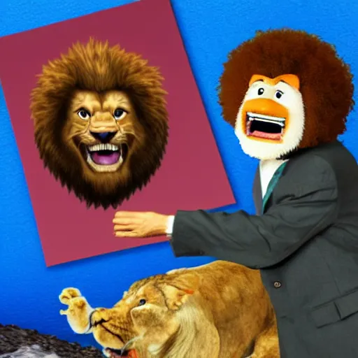 Image similar to screaming bob ross chasing a lion