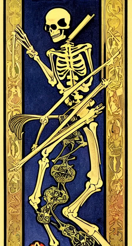 Prompt: a tarot card of a skeleton with a scythe, illustrated in an art deco style by tamara de lempika and an elegant border by alphonse mucha.