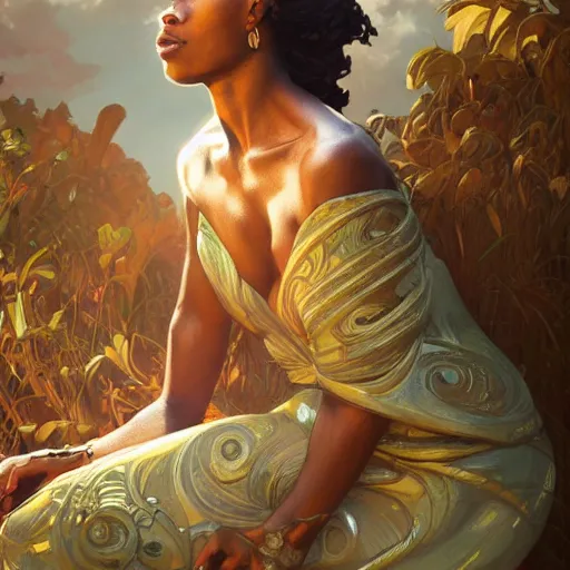 Image similar to beautiful Zulu goddess pondering, intricate, elegant, highly detailed, digital painting, artstation, concept art, smooth, sharp, focus, illustration, art by artgerm and greg rutkowski and alphonse mucha