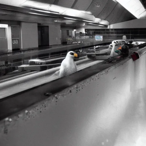 Prompt: two baby penguins in airport baggage claim area, conveyor belt. ektachrome,