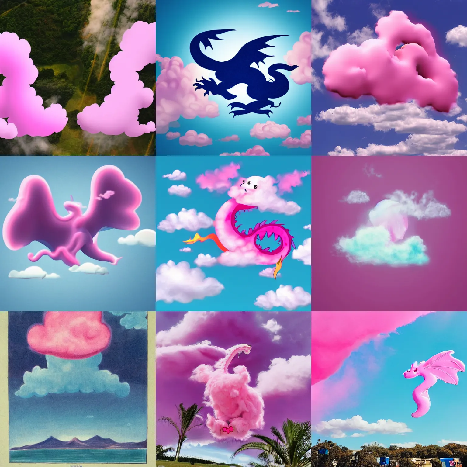 Prompt: a pink cloud in the shape of a dragon with a bright blue background, cloud in the shape of a dragon