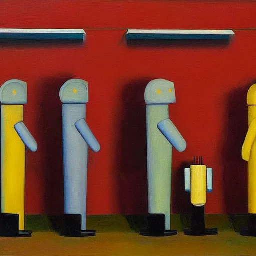 Image similar to robots queue up for daily inspection, grant wood, pj crook, edward hopper, oil on canvas